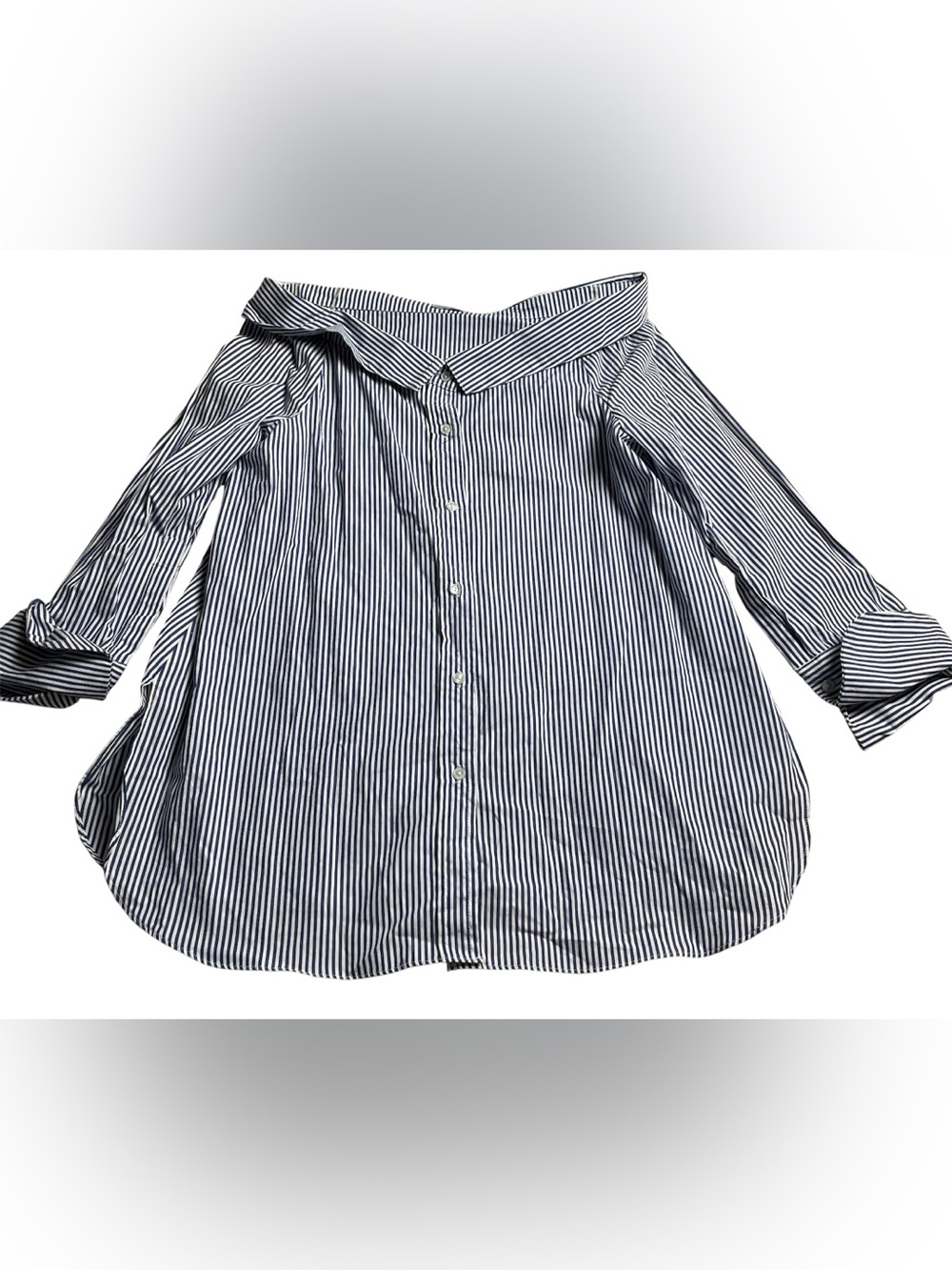 Abbeline Navy and White Striped Off-Shoulder Button-Down Shirt